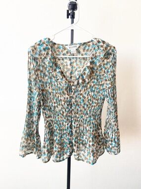 Allison Taylor Blue & Brown Ruffled Button-Front Blouse Size M/L
